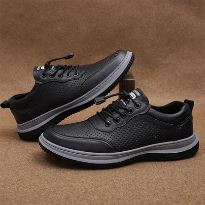 Men's Summer Breathable Leather Lace-up Round Toe Boat Shoes Solid Color EVA Midsole Rubber Outsole Casual Style