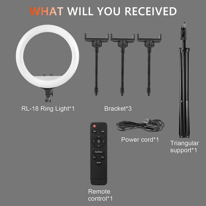 High Quality  Professional Photography Ring Light 18 Inch LED Ring Lights 50W Dimmable With Tripod Stand Storage Bag Right Light