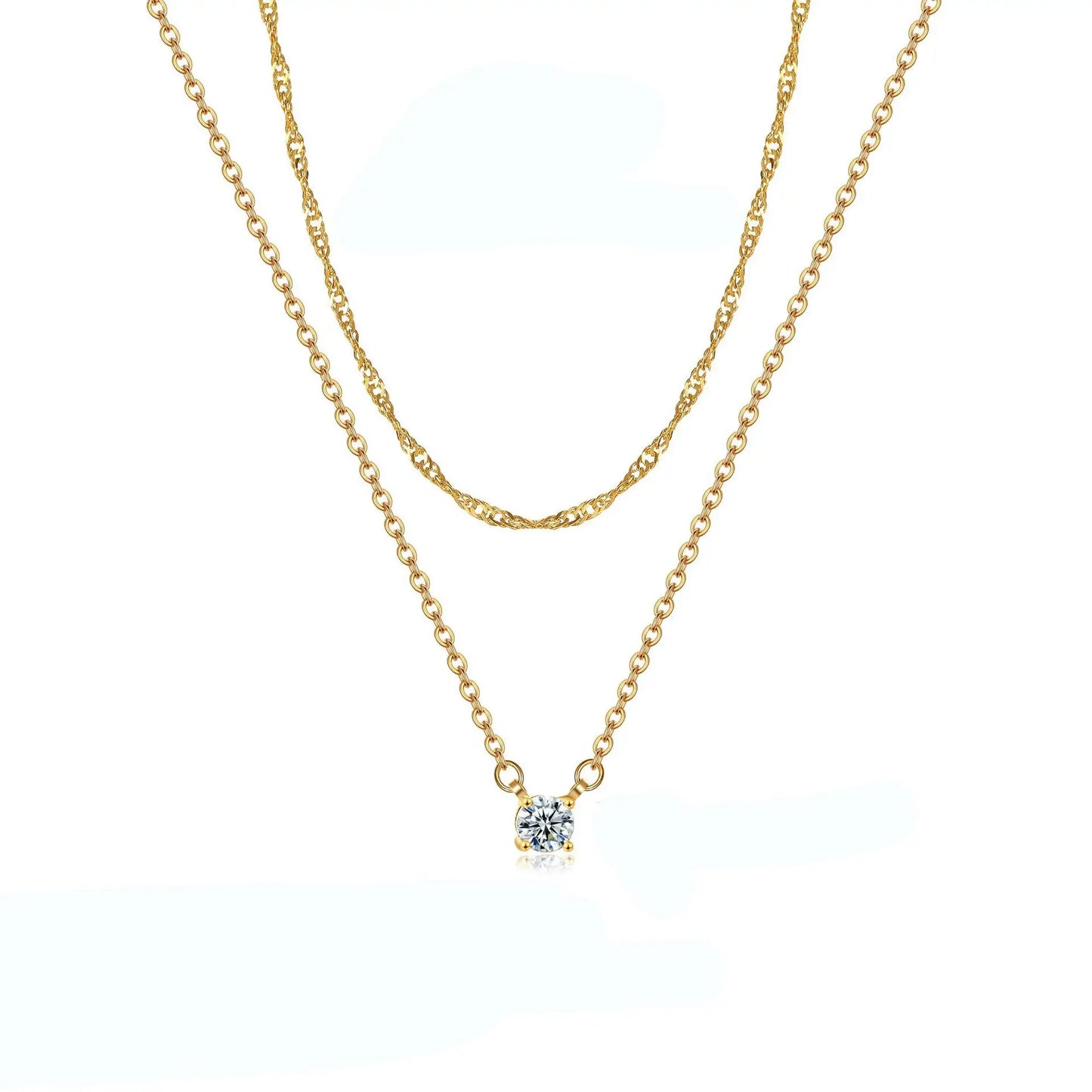 Simple Hypoallergenic Women's Necklace Stainless Steel Wave Cross Chain 14K Gold Plated Double Layer CZ Zircon Necklace