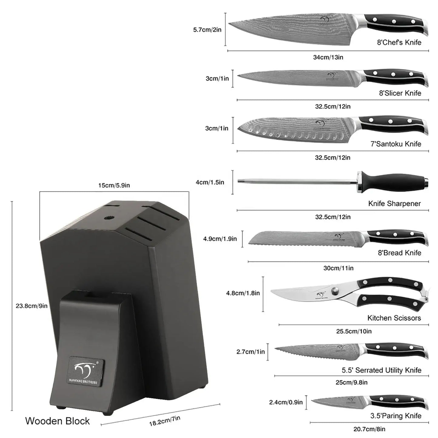 9 PCS Professional ABS Handle Damascus Steel Kitchen Utility Knife Set with Block
