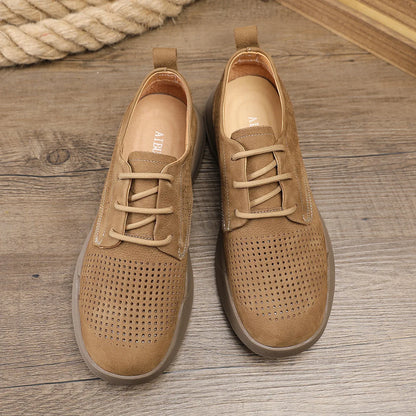 Leather Lace-up Men's Casual Shoes Round Toe Breathable EVA Sole Summer 38-44 Genuine Leather Lining