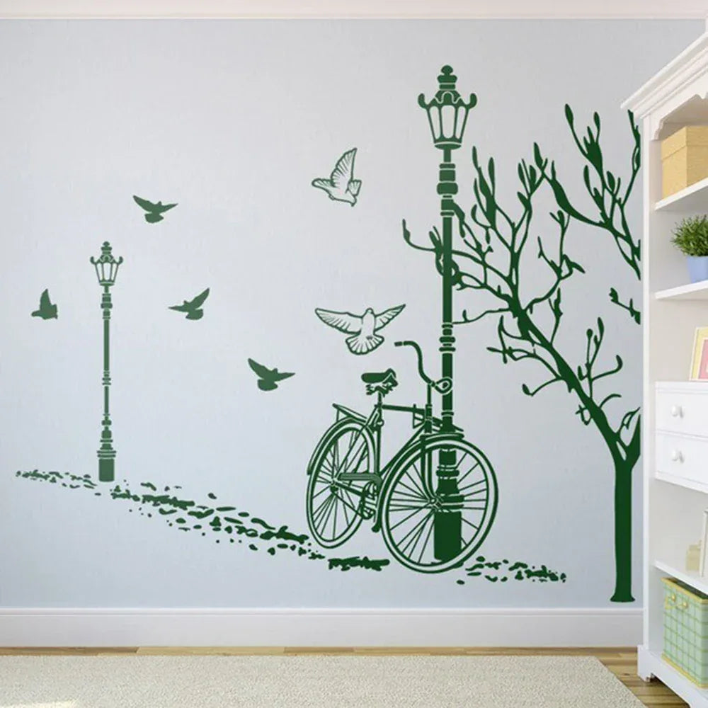 Large Autumn Bike Street Lamp Tree Bird Wall Decal Living Room Kids Room Bicycle City Urban Landscape Wall Sticker Bedroom Vinyl