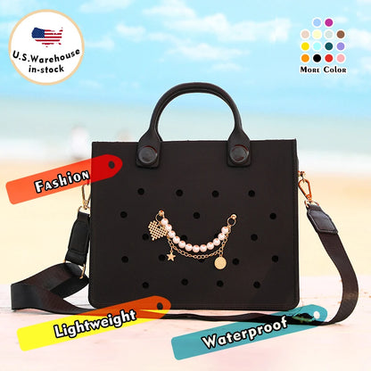 Lightweight Perforated Reusable EVA Handbag Black Women's Tote Bags for Women & Girl with Shoulder Strap for Beach & College