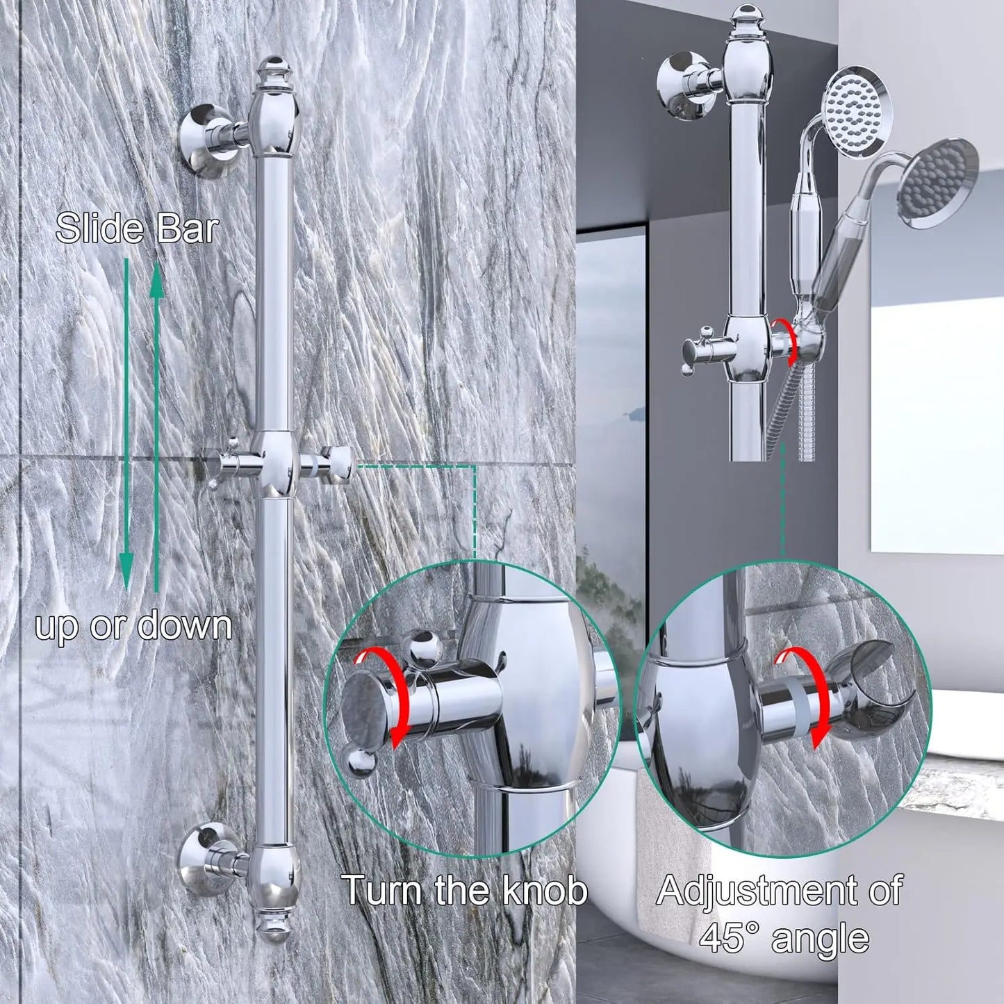 Polished Brass 59-Inch Retro Hand Shower Head Holder Adjustable Height Wall-Mounted Slide Bar for Handheld Shower Bathroom