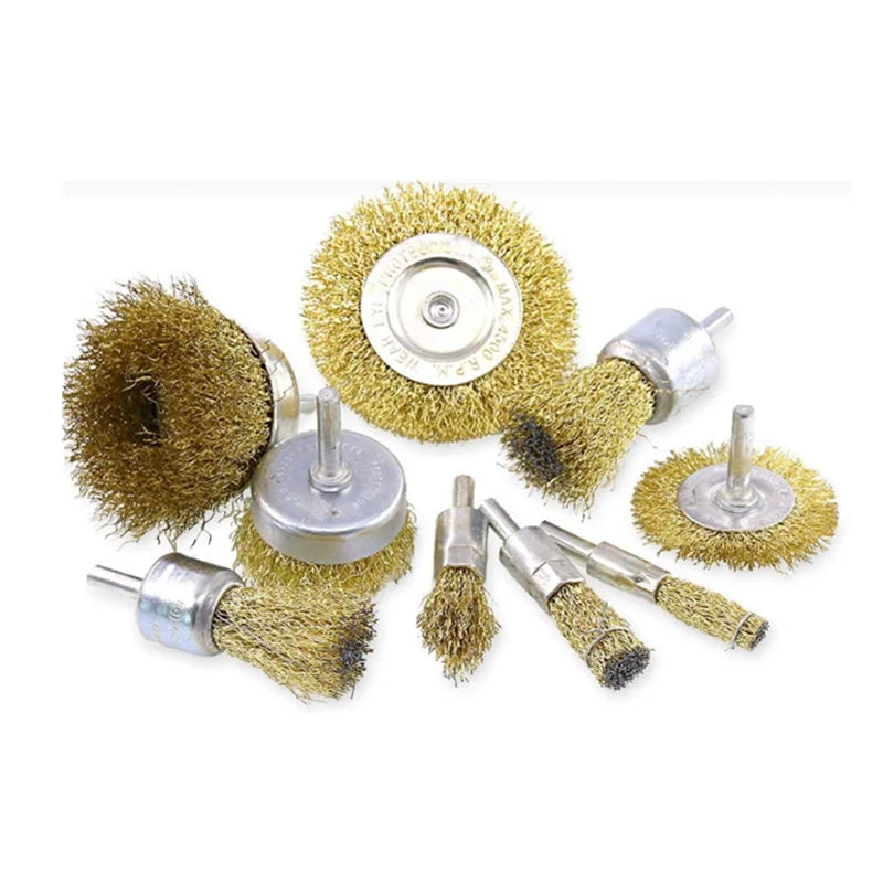 Swpeet 9Pcs Brass Coated Wire Brush Wheel & Cup Brush Set with 1/4-Inch Shank, 9 Sizes Coated Wire Drill Brush Set Perfect