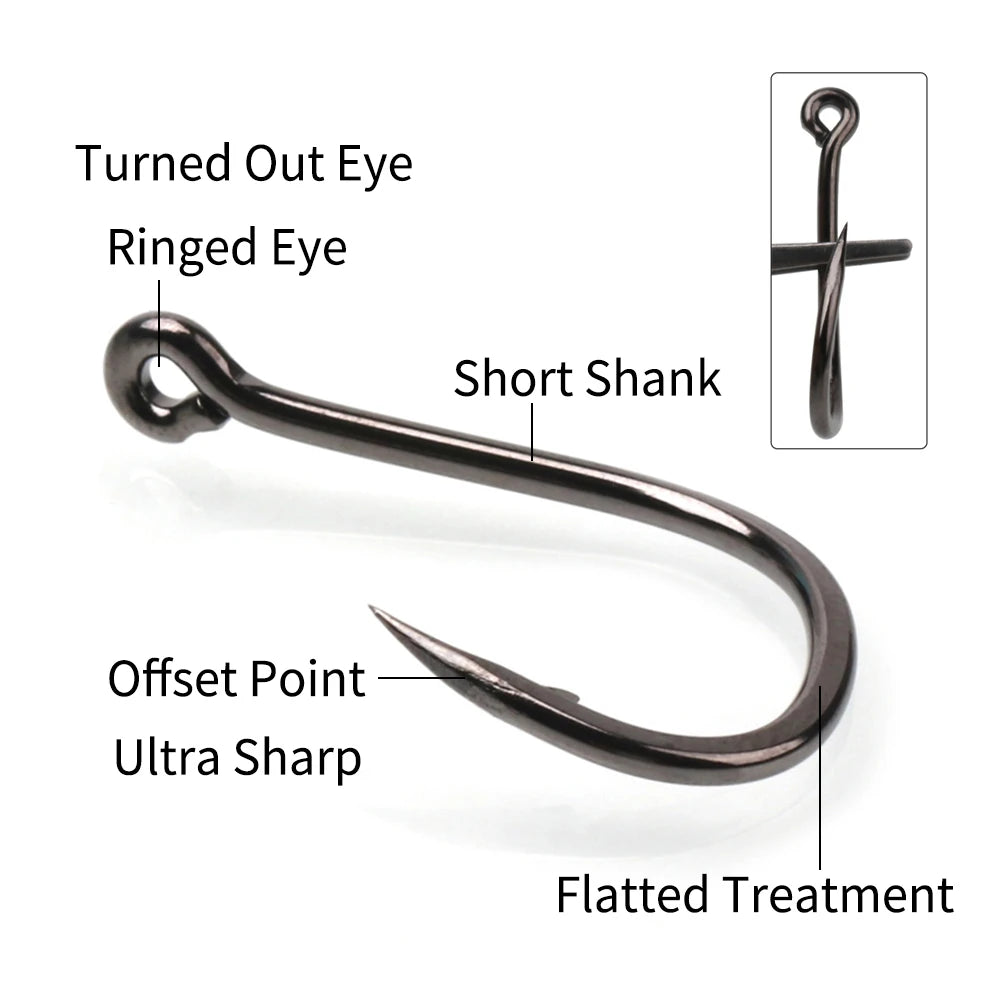 11#-15# Sea Fishing Single Hooks Pipe Hook Handle Short Shank Offset Tip Forged Carbon Steel Black Nickel Barbed Single Hook