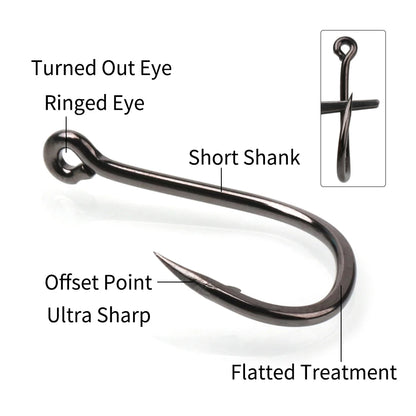 11#-15# Sea Fishing Single Hooks Pipe Hook Handle Short Shank Offset Tip Forged Carbon Steel Black Nickel Barbed Single Hook