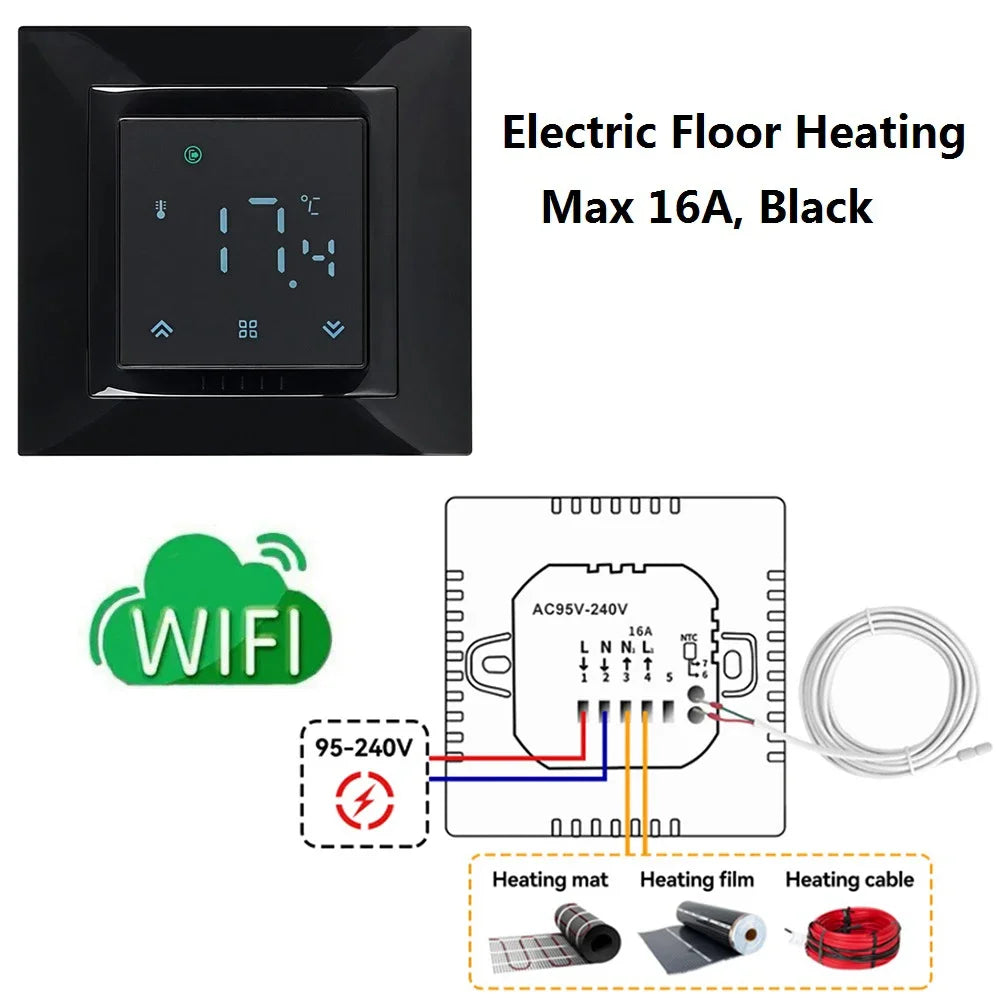 Room Thermostat Square Convex LCD Panel Child Lock Floor Heating System Programmable Smart WIFI Thermostat