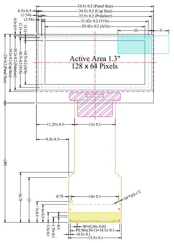 1.3 inch OLED Screen 1.3" 12864 LCD LED Display Module 128x64 SH1106 SPI/I2C Parallel Interface White/Blue 16Pin/30Pin Connector