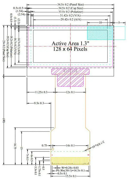1.3 inch OLED Screen 1.3" 12864 LCD LED Display Module 128x64 SH1106 SPI/I2C Parallel Interface White/Blue 16Pin/30Pin Connector