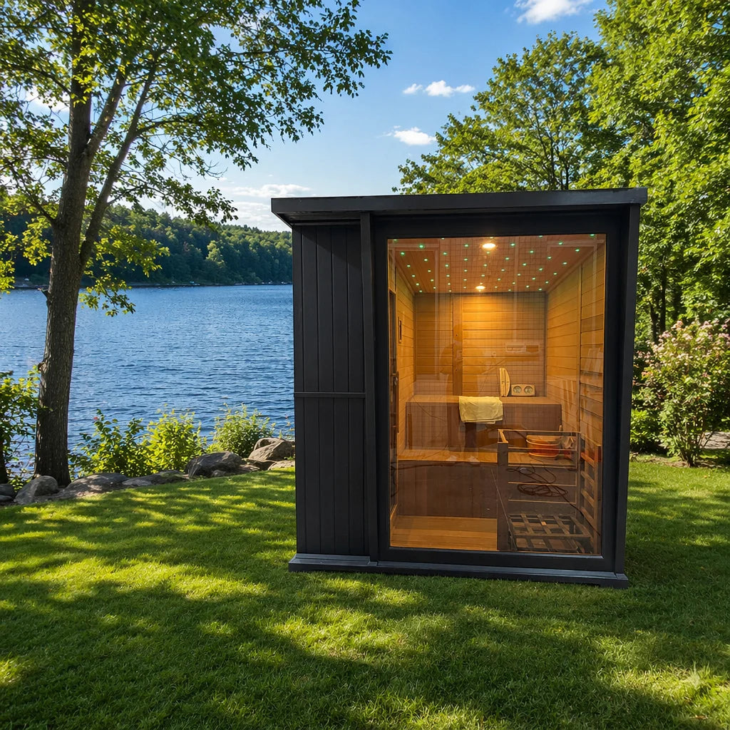 Black Waterproof Shingles Carbonized Square Outdoor Sauna Room Traditional Steam Sauna 4- Person for Outdoor Garden
