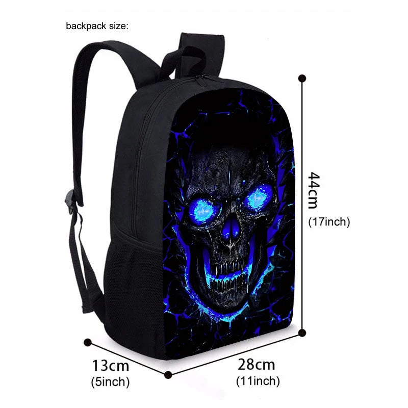 Unisex Three-Piece Set Skull Printed Student Backpack Pencil Bag Lunch Bag Zipper Closure Fashionable Waterproof Polyester