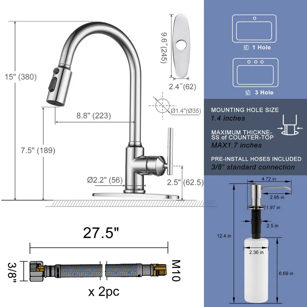 High Arc Single Handle Water Tap Kitchen 3 Modes Spout Faucet for Kitchen Sink Farmhouse RV, Kitchen Faucet with Soap Dispenser