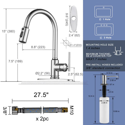High Arc Single Handle Water Tap Kitchen 3 Modes Spout Faucet for Kitchen Sink Farmhouse RV, Kitchen Faucet with Soap Dispenser