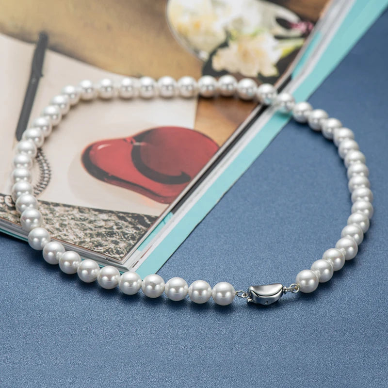 Fast Shipping From US Warehouse Bohemian Stylish 925 Silver 6mm/8mm Shell White Pearl Beads Necklace Jewelry for Women Gift