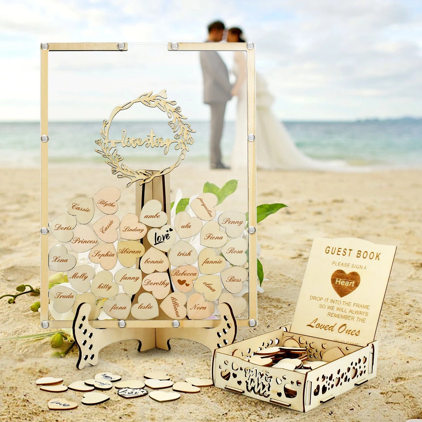 Wholesale Wooden Alternative Wedding Guest Book Rustic Blank Wedding Guest Book Sign with Hearts Wood Photo Frame Drop Box