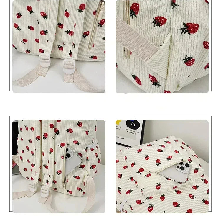 New Arrival  Strawberry Print Corduroy Travel Backpack Multifunction Custom Cute Girls Casual College School Backpacks