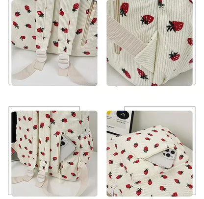 New Arrival  Strawberry Print Corduroy Travel Backpack Multifunction Custom Cute Girls Casual College School Backpacks