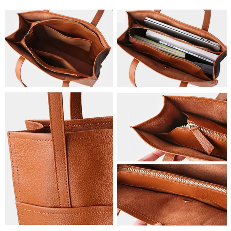 Women Luxury Full Grain Genuine Real Leather Bag Tote Shopping Laptop  Cowhide Handbag for Lady Shoulder Custom Logo