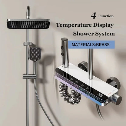 Contemporary Stylish Design Brass Smart Thermostat Grey SPA Soft Jet Rain Bath Shower Faucet Set with Brushed Surface for Villas