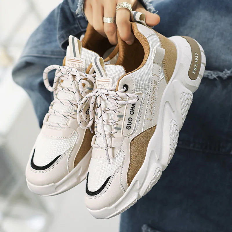 Men's Casual High-Top Sport Sneakers Microfiber Leather Upper Large Dad PU Rubber Sole Waterproof Breathable Mesh for Summer