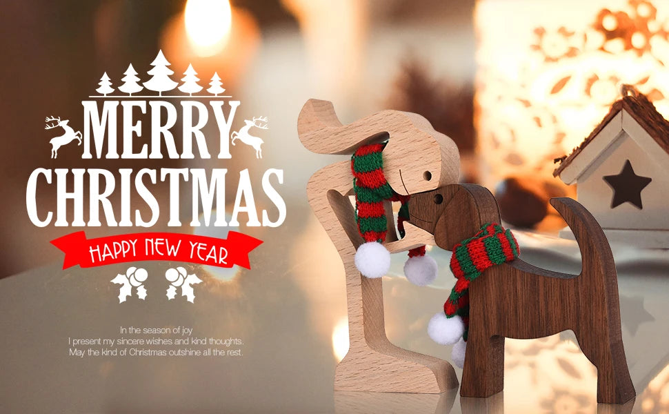 Family Puppy Wood Dog Craft Figurine Desktop Table Ornament Carving Model Home Office Decoration Pet Sculpture Christmas Gift