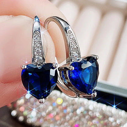 Elegant Heart Shape Crystal Drop Earrings For Women 925 Silver Claw Setting Sea Blue Romantic Everyday Wear Jewelry