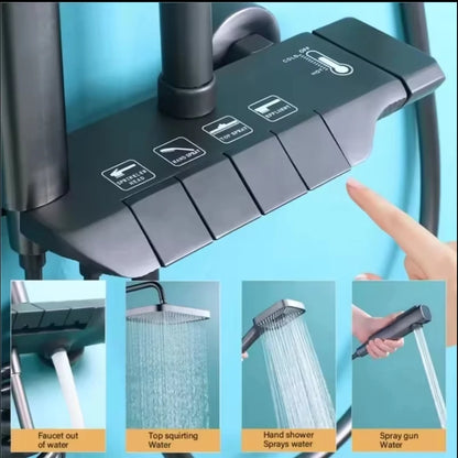 Deao 2024 New Designer Exposed Gray Color 4 Push Button Piano Key Digital Shower Faucet Mixer Set With Rainfall Shower Head
