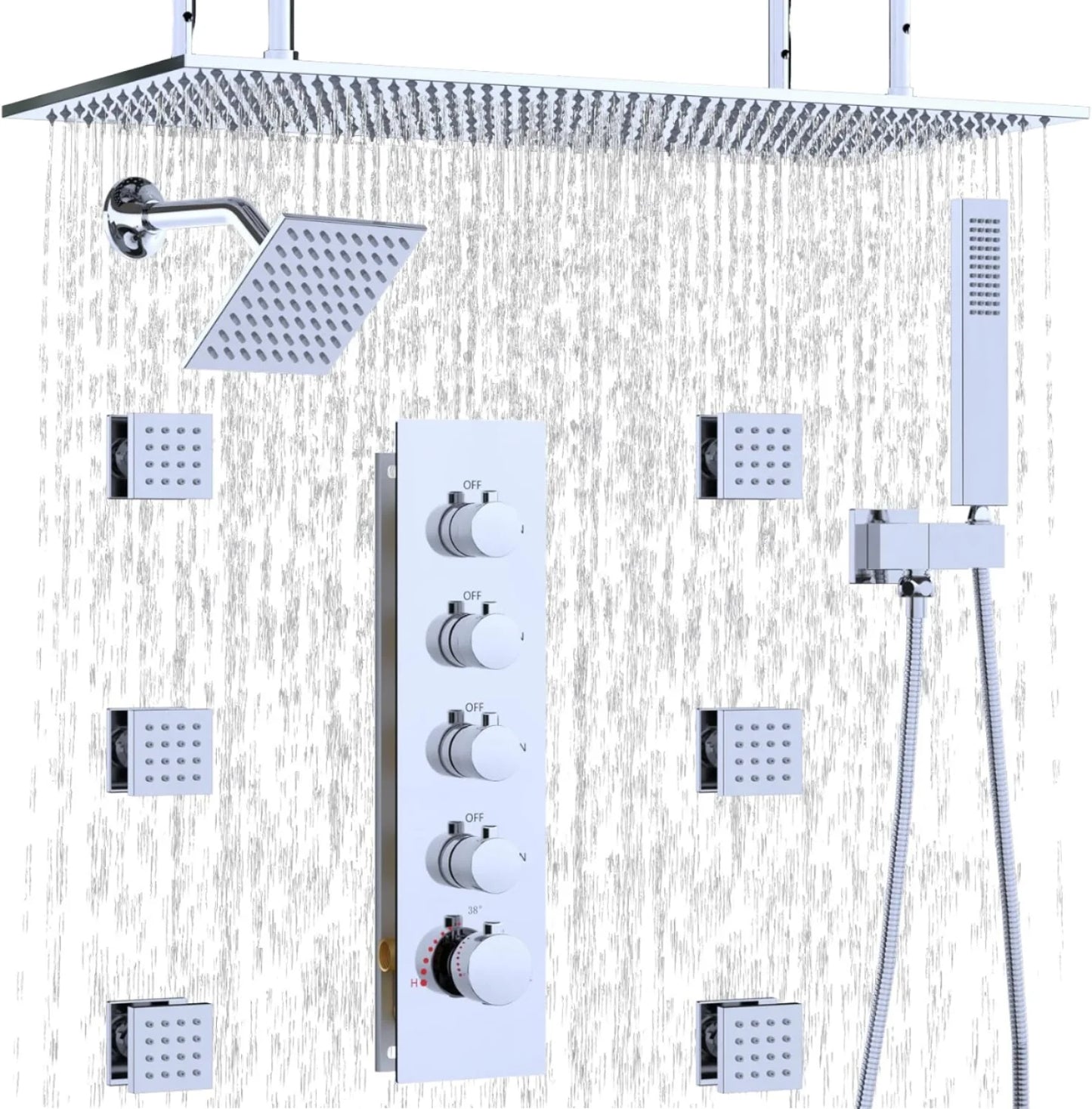 Chrome Brass Modern Style Apartment Bathroom Shower System 6-Piece Handheld Body Jets Dual Shower Heads Soft Rain Spray Massage