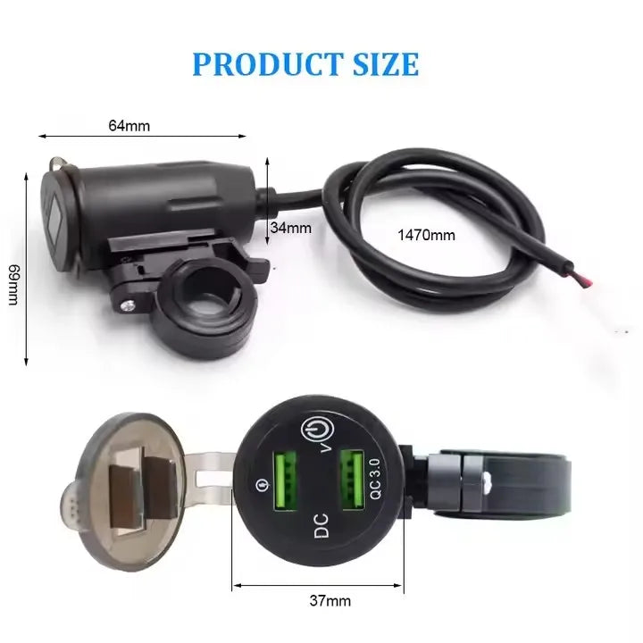 Rider Handlebar Rack Charging Dual USB Fast Charging QC3.0 Motorcycle Mobile Phone Charger with Voltage Display