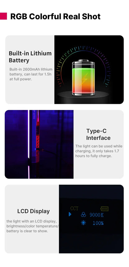 Ulanzi VL110 Handheld RGB Light Tube Stick Video soft Light 2500-9000K LED Photography Stick LED Light Wand Rechargeable