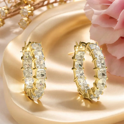 Luxury White Gold Geometric Hoop Earrings Baguette Cut Diamonds Channel Setting Inlay Technology for Women Everyday Wear Fine