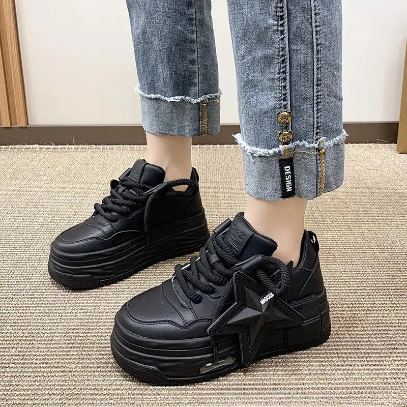 Leather Pink Chunky Sneakers Platform Lace-up Casual Shoes Women's Outdoor Walking Shoes