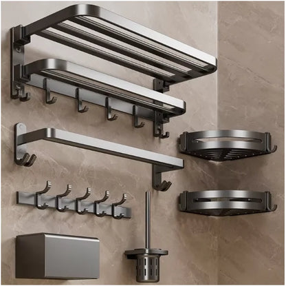 Modern Gun Grey Aluminum Bath Towel Rack Integrated Hanger Toilet Six-Piece Bathroom Accessories Set
