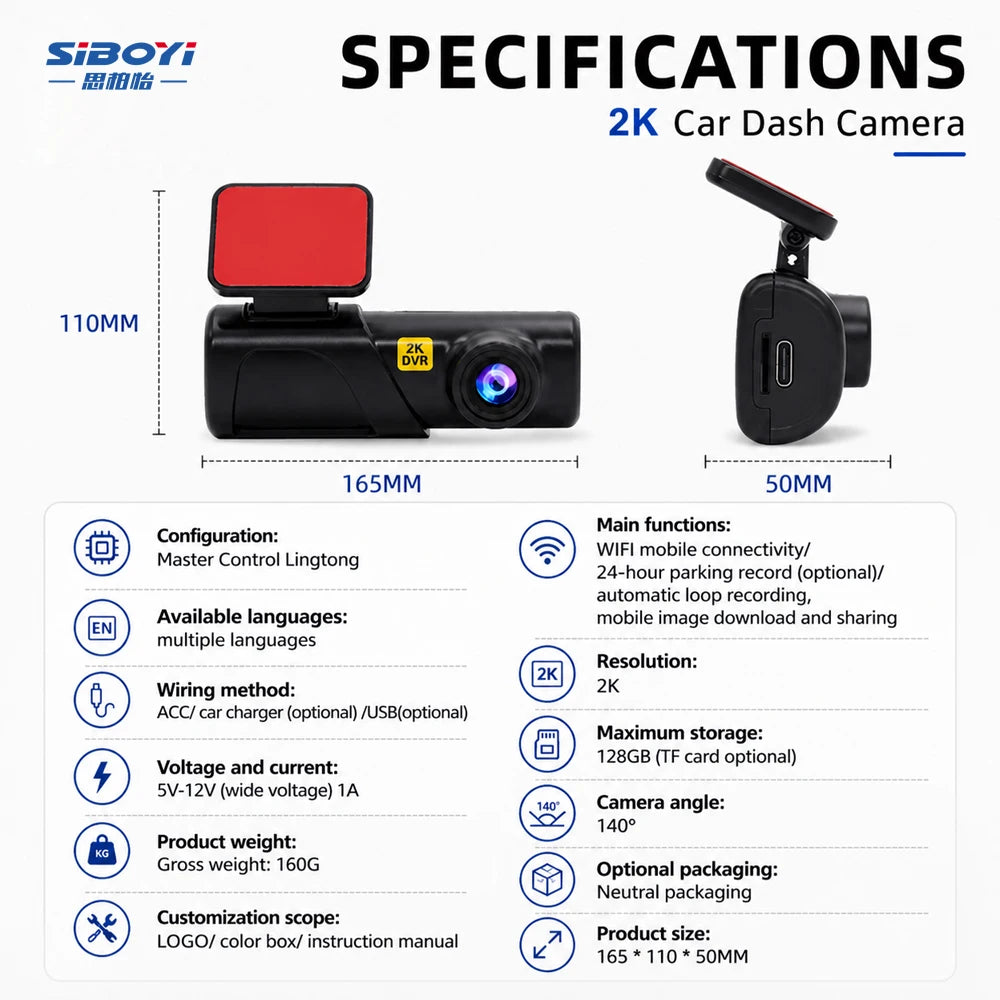 Wireless WiFi IPS Night Vision Loop Recording G Sensor 140 Degree Wide Angle 2K Front Car Video Recorder Dash Cam 24 Hours