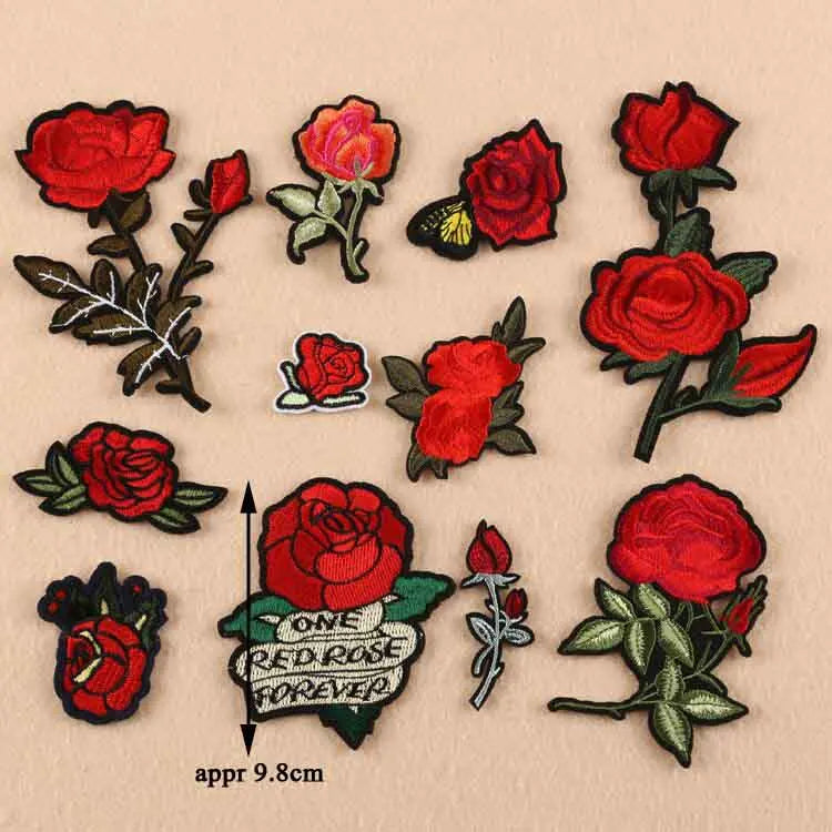 Black Flower Red Rose Embroidered Patch Iron On Patch Clothes Patch For Dress Hat Purse Clothing Woman