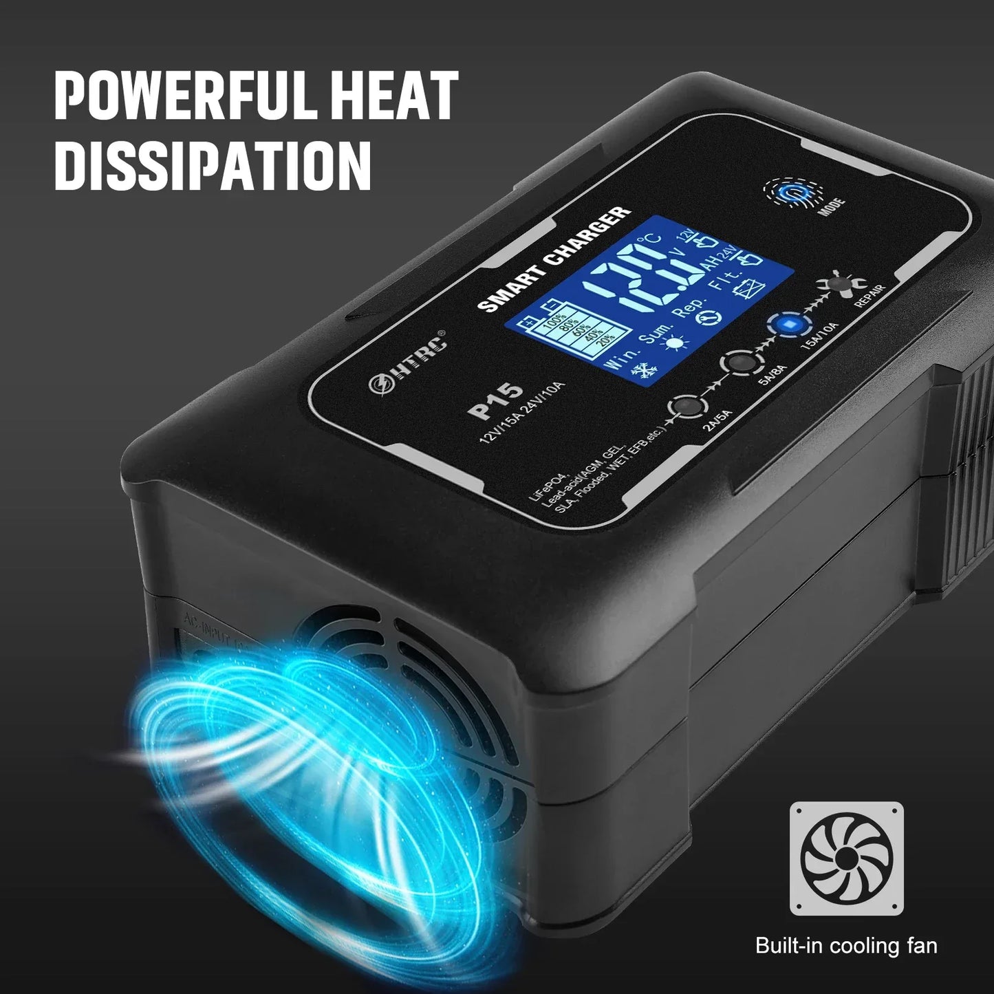 HTRC 12V/24V 15A/20A Car Battery Charger Smart Charger for Lead-Acid PB LiFePO4 Battery 7-Stage Automatic Car Motorcycle Charger