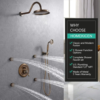 HONGDEC  Antique Brass Bathroom Shower System Bathroom Shower Faucet Set 9 Inches Rainfall Shower Faucet