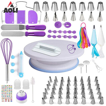AK 137 Pcs Cake Turntable Decorating Supplies Kit Tools Set with Icing Baking Nozzles Piping Bags Kitchen Gadgets Cake Tools