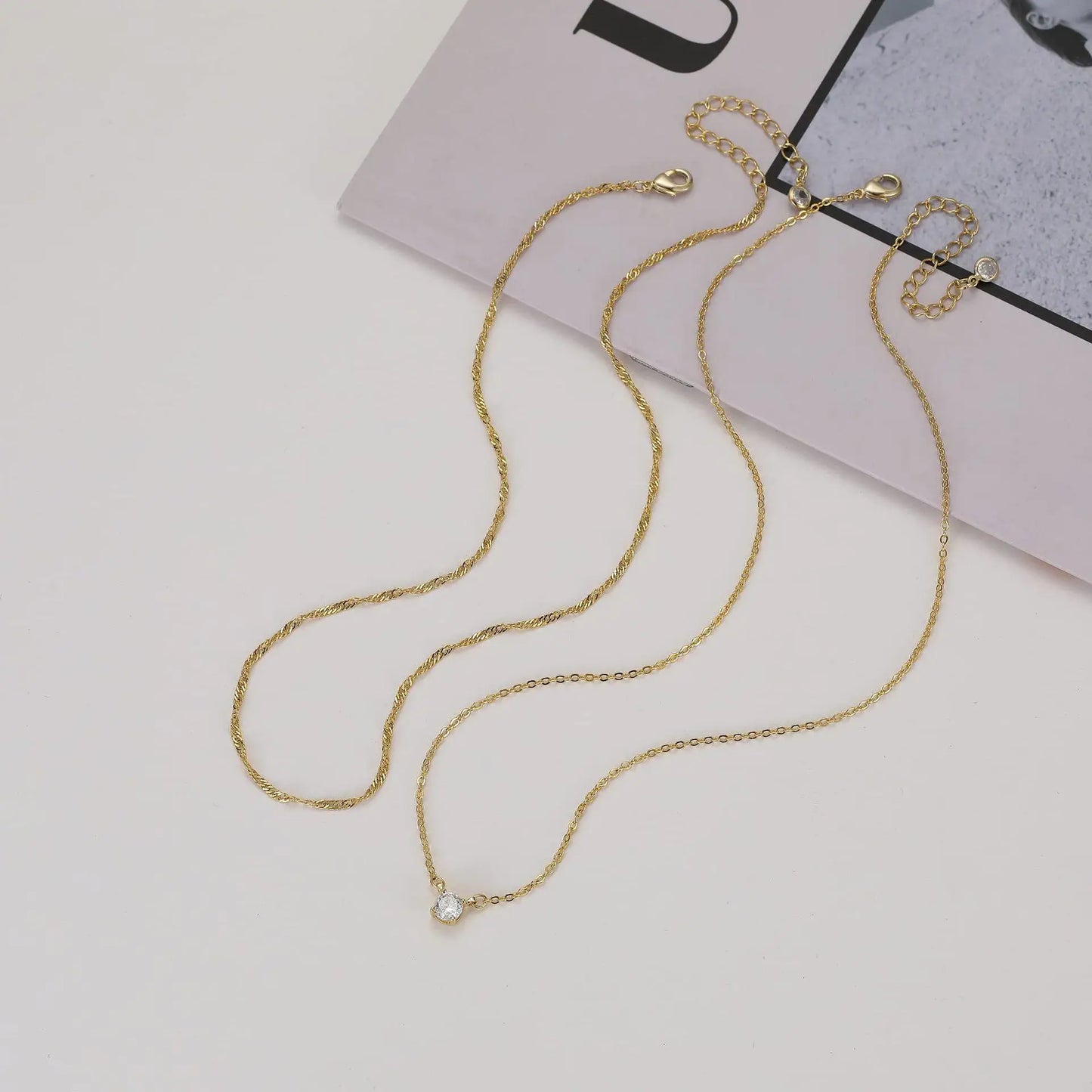 Simple Hypoallergenic Women's Necklace Stainless Steel Wave Cross Chain 14K Gold Plated Double Layer CZ Zircon Necklace