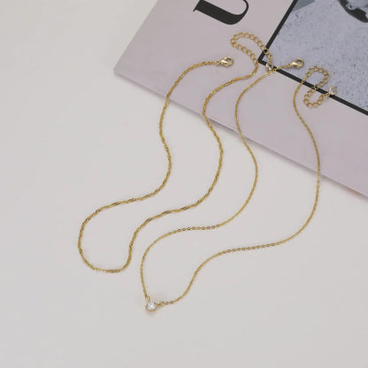 Simple Hypoallergenic Women's Necklace Stainless Steel Wave Cross Chain 14K Gold Plated Double Layer CZ Zircon Necklace