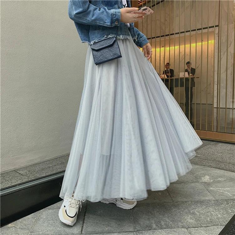 TingYiLi Elegant Tulle Skirt Autumn Winter Big Swing Women Skirt Korean Cute Pink Green Gray Blue Brown Black Long Skirt Tutu