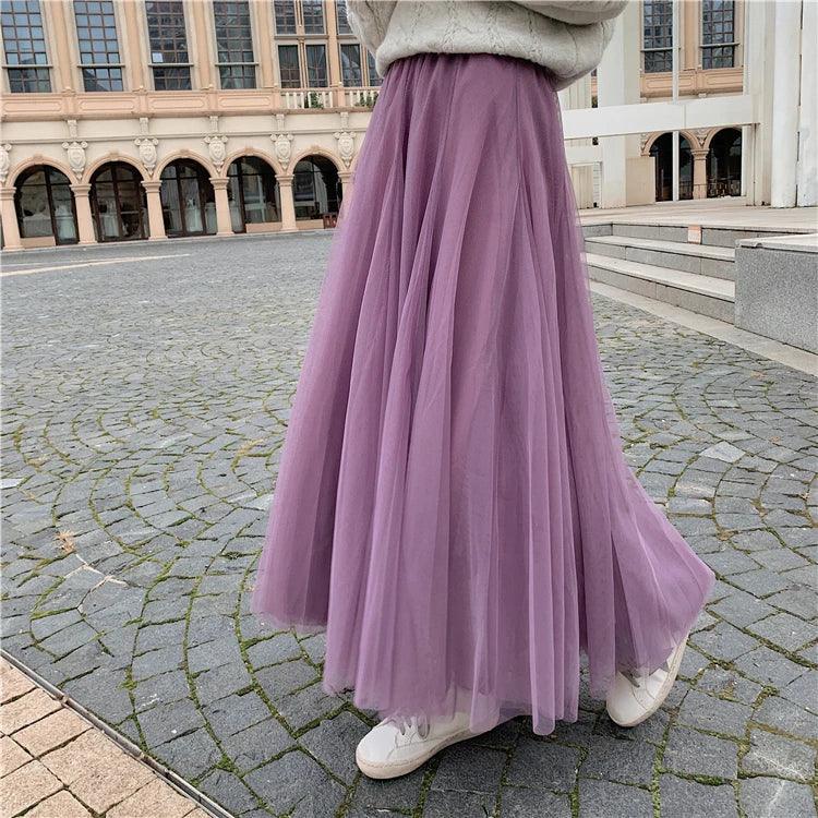 TingYiLi Elegant Tulle Skirt Autumn Winter Big Swing Women Skirt Korean Cute Pink Green Gray Blue Brown Black Long Skirt Tutu