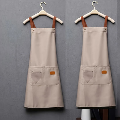 Khaki Kitchen Apron Waterproof Cross Adjustable Webbing Restaurant bar Barbershop Garden With Pocket Custom Logo