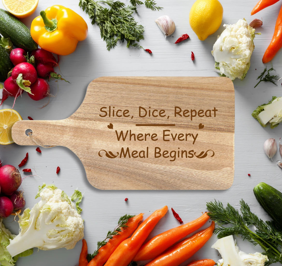 12x6 Inch Natural Wood Handicrafts Serving Board for Kitchen Decor & Family Gift Slice Dice Repeat Engraved Wooden Cutting Board