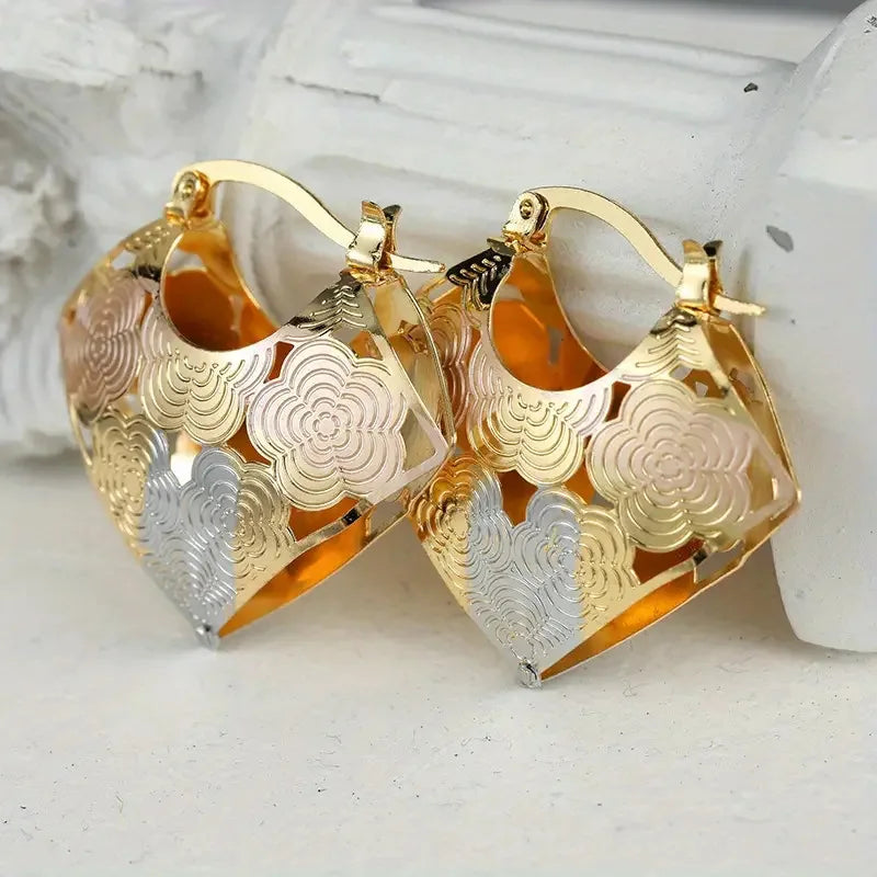 Gold Plated Floral Hoop Earrings For Women Party Fashion Dangle Earrings Alloy Metal Jewelry