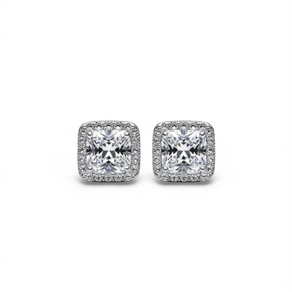 White Gold Princess Cut Zircon Stud Earrings For Women Wedding Classic Geometric Alloy Jewelry