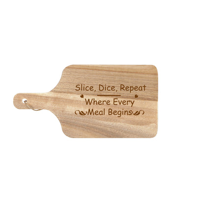 12x6 Inch Natural Wood Handicrafts Serving Board for Kitchen Decor & Family Gift Slice Dice Repeat Engraved Wooden Cutting Board