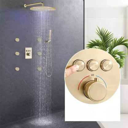 12-Inch Brushed Chrome LED Rain Shower Head System Thermostatic Mixer Single Handle Contemporary Brass Design Hotels Massage Jet