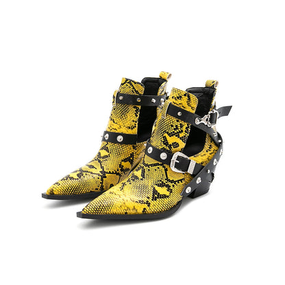 Motorcycle Western Cowboy Boots Women Snake PU Leather Short Cossacks High Heels Pointed Cowgirl Booties Buckle Womens Shoes